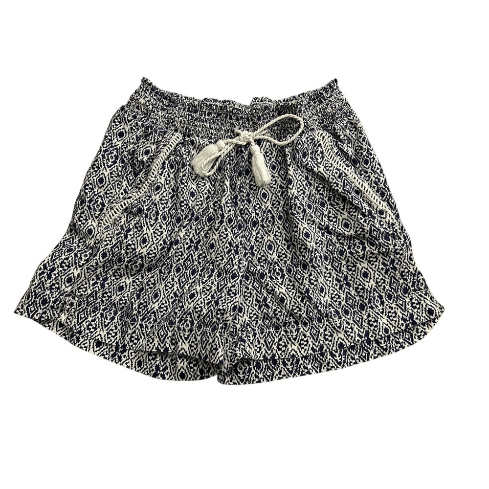 Briggs Geometric Print Shorts Women Small Blue White Excellent Boho Tassel Smock